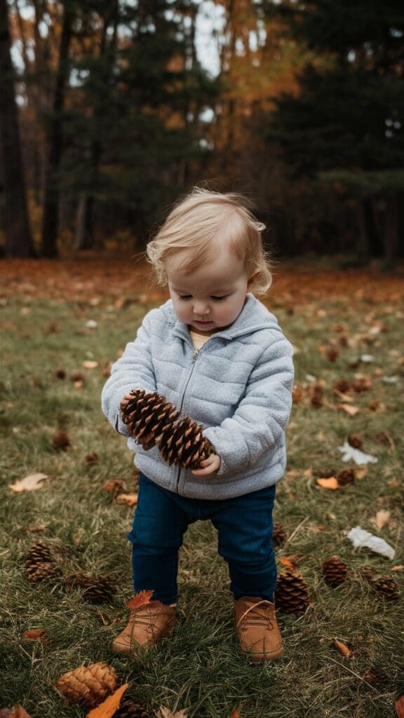 "Toddler collecting pinecones in the forest."