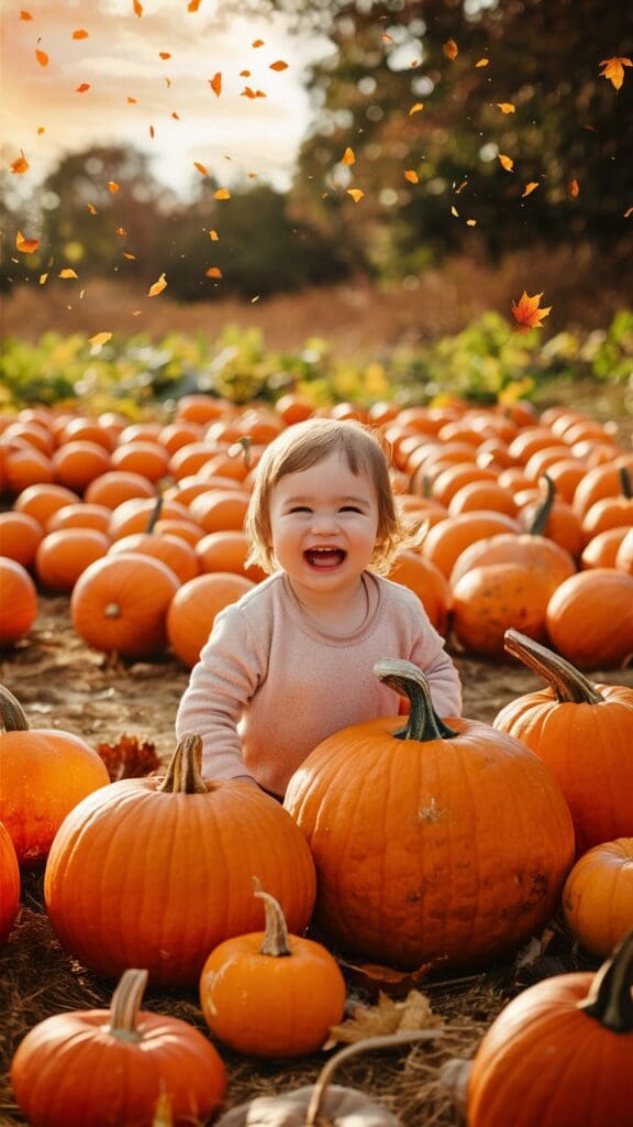 "Toddler picking a pumpkin at a pumpkin patch."
