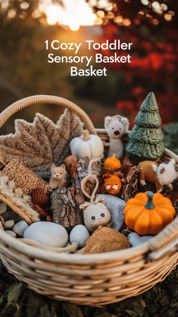"Toddler exploring a Montessori sensory basket filled with fall items."