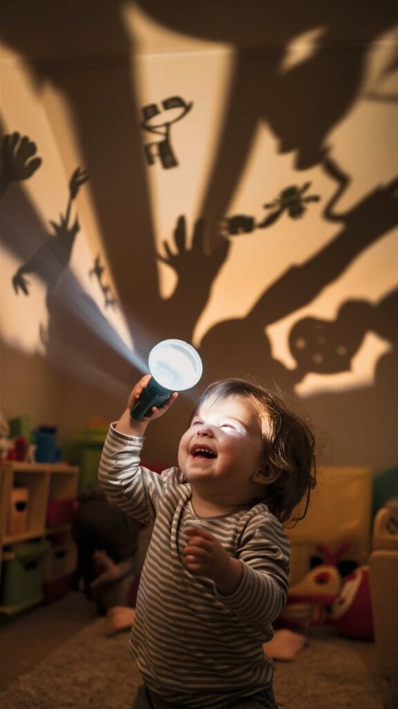 "Toddler playing with shadows created by fall items and a flashlight."