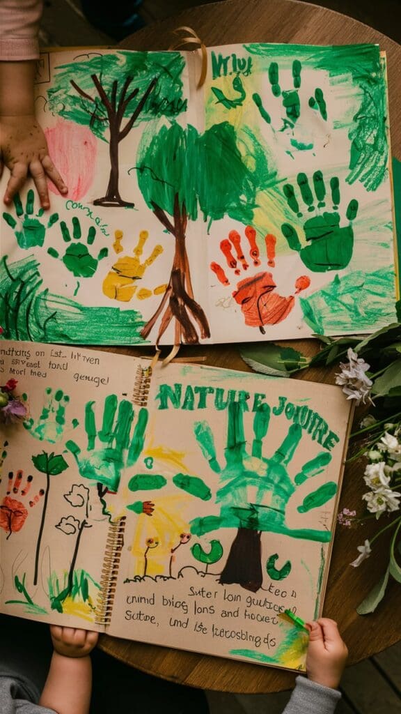 "Toddler drawing or pasting items in a nature journal."