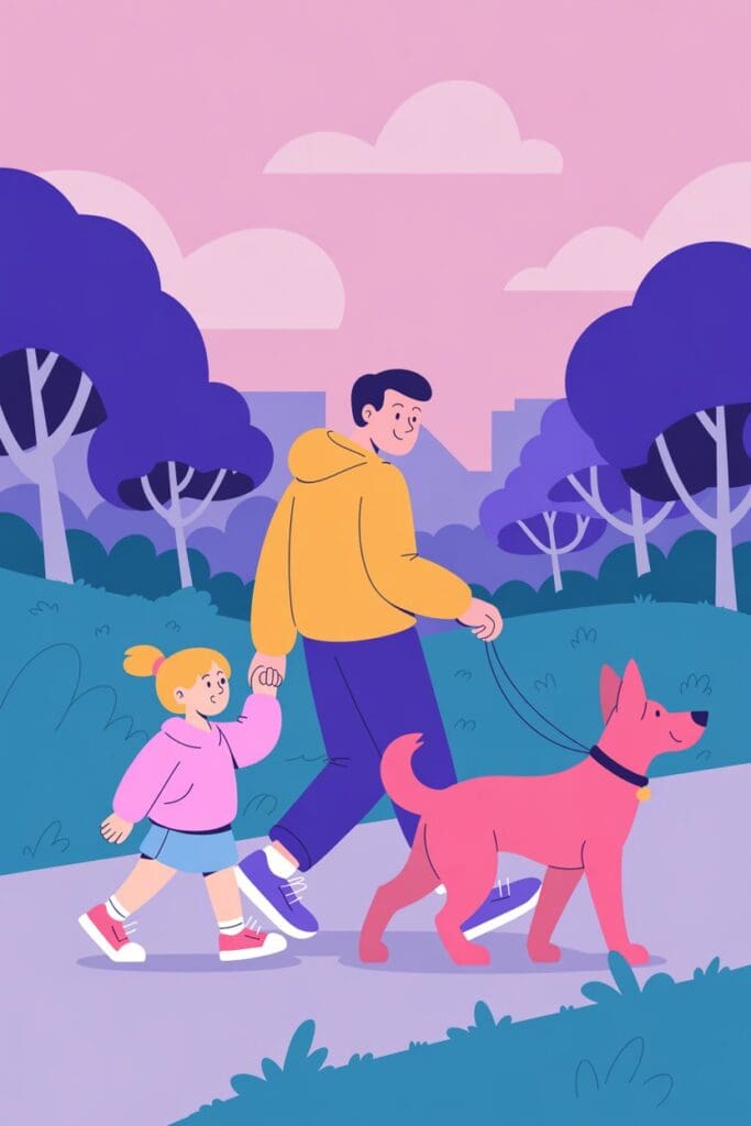 “Cartoon-style illustration of a fun dad and daughter outing walking a dog, showcasing father daughter bonding in a playful, kid-friendly design.”