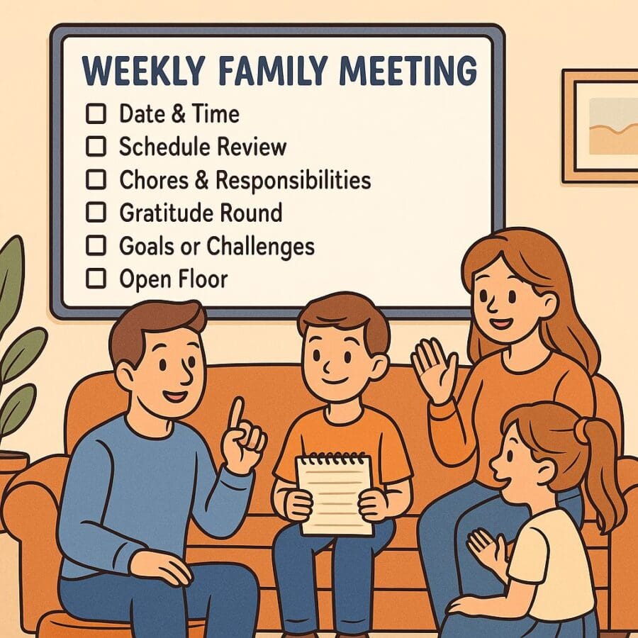 Cartoon-style illustration of a Family Meeting Agenda Template in action, showing a weekly family meeting with parents and kids discussing a checklist on a whiteboard.