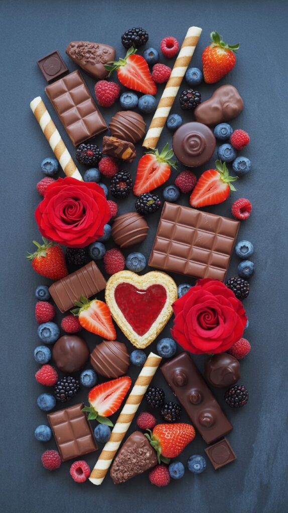 A decadent dessert charcuterie board with assorted chocolates, truffles, strawberries, raspberries, blueberries, blackberries, and red roses. Includes heart-shaped pastries and wafer rolls arranged beautifully on a dark slate surface for an elegant holiday or Valentine’s display.