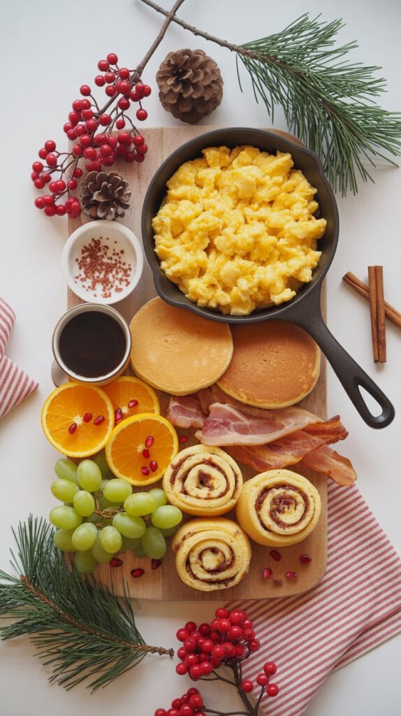 A festive breakfast charcuterie board with scrambled eggs in a skillet, pancakes, bacon, cinnamon rolls, orange slices, grapes, and syrup. Decorated with pine branches, berries, and pinecones for a cozy Christmas morning presentation.