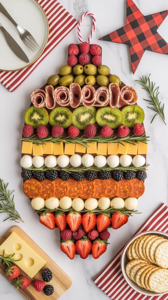 A festive charcuterie board shaped like a Christmas ornament, arranged with strawberries, kiwi, raspberries, blackberries, cheese cubes, mozzarella balls, olives, and salami rosettes, styled with rosemary and red-striped napkins for a holiday display.