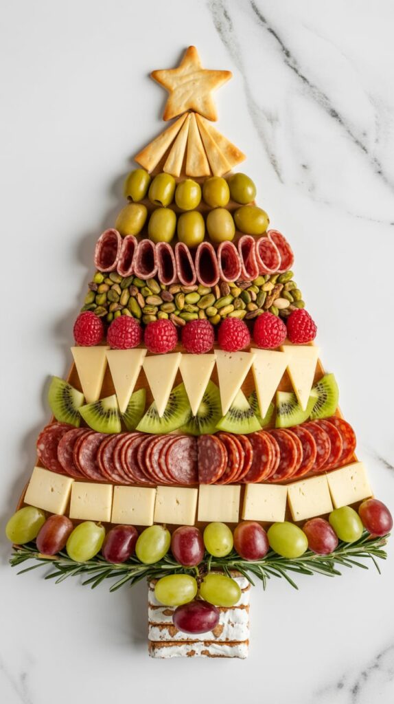A festive charcuterie board arranged in the shape of a Christmas tree, featuring layers of salami, cheese triangles, kiwi slices, raspberries, pistachios, green olives, and crackers topped with a star-shaped cookie. Garnished with grapes and rosemary sprigs for a bright and creative holiday presentation.