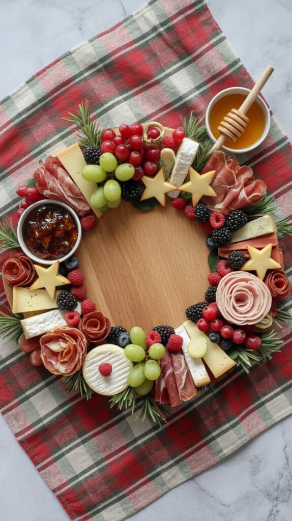 A festive charcuterie board arranged in the shape of a Christmas wreath with assorted cheeses, meats, grapes, berries, crackers, and rosemary sprigs. Includes bowls of fig jam and honey, set on a red plaid cloth for a cozy holiday presentation.