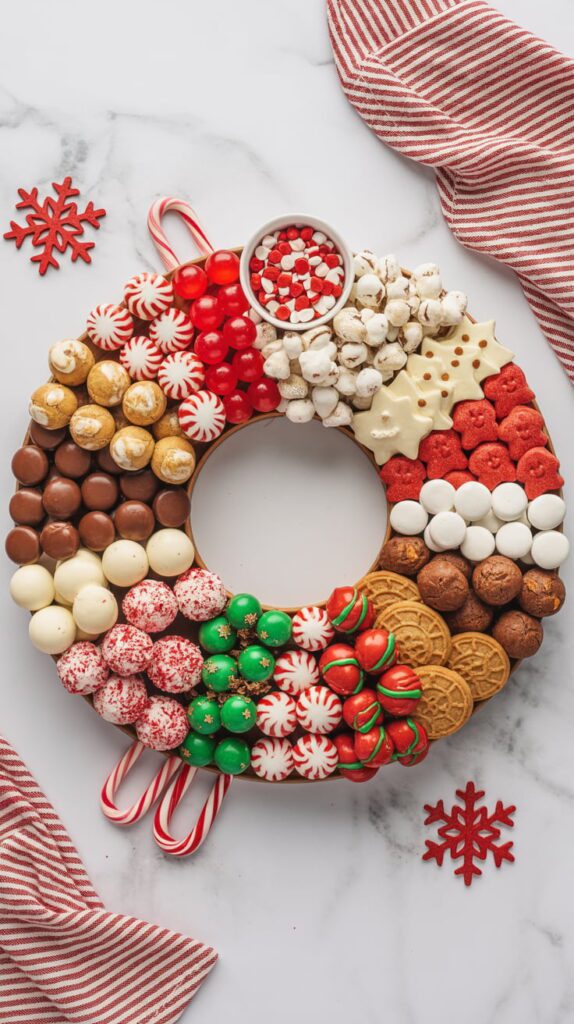 A festive dessert charcuterie board arranged in the shape of a Christmas wreath, filled with colorful holiday sweets including peppermint candies, red and green chocolates, cookies, powdered sugar treats, and candy canes. Styled on a marble surface with red snowflake accents and a striped cloth napkin.