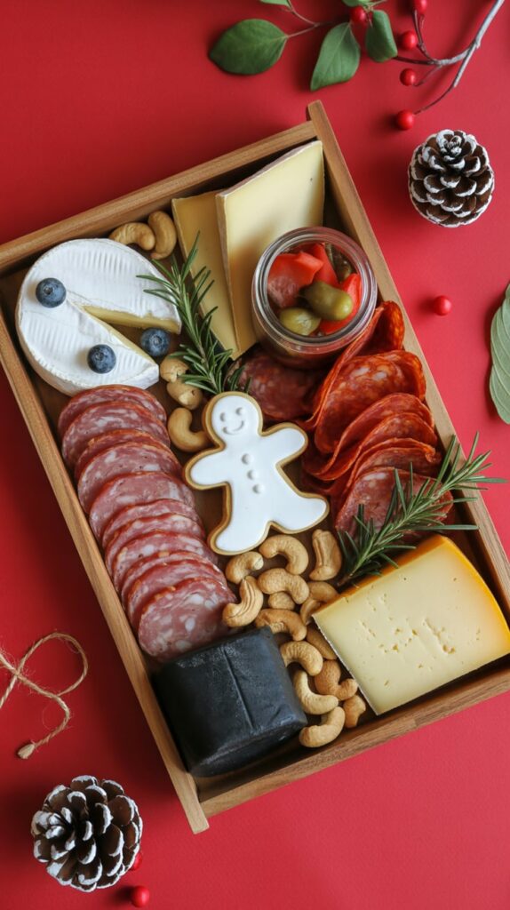 A festive Christmas charcuterie board arranged in a wooden tray on a red background, featuring slices of salami, assorted cheeses, cashews, pickled vegetables, and a gingerbread cookie centerpiece. Decorated with rosemary sprigs, pinecones, and holiday berries for a cozy, seasonal presentation.