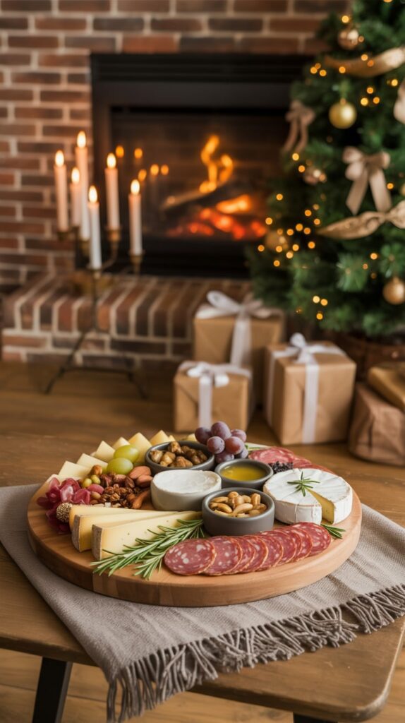 A warm and inviting Christmas charcuterie board displayed in front of a fireplace and decorated Christmas tree, featuring an assortment of cheeses, salami, nuts, grapes, and dips. Styled on a wooden board with rosemary garnish, creating a festive and elegant holiday atmosphere.