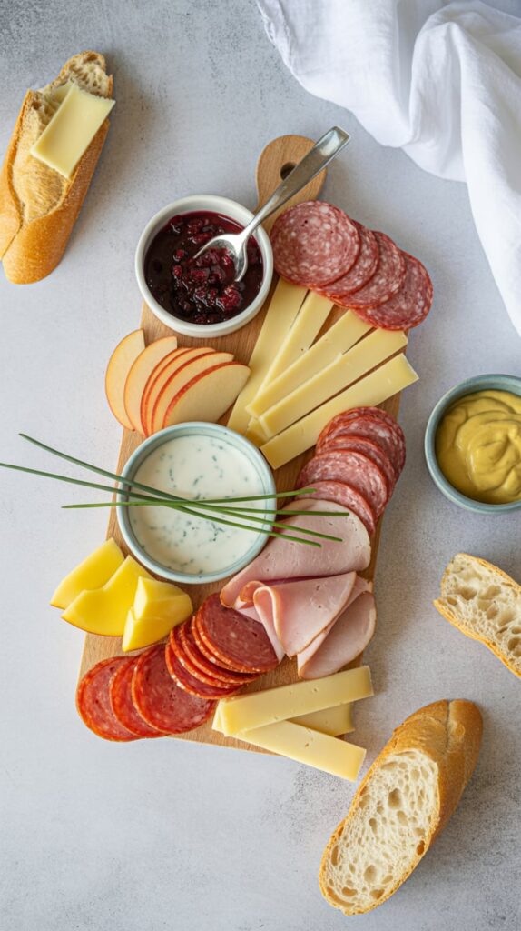 A winter-themed charcuterie board with assorted cheeses, salami, ham, apple slices, and dips including mustard, cranberry sauce, and creamy herb dressing. Served with sliced baguette on a light background for a rustic and cozy presentation.