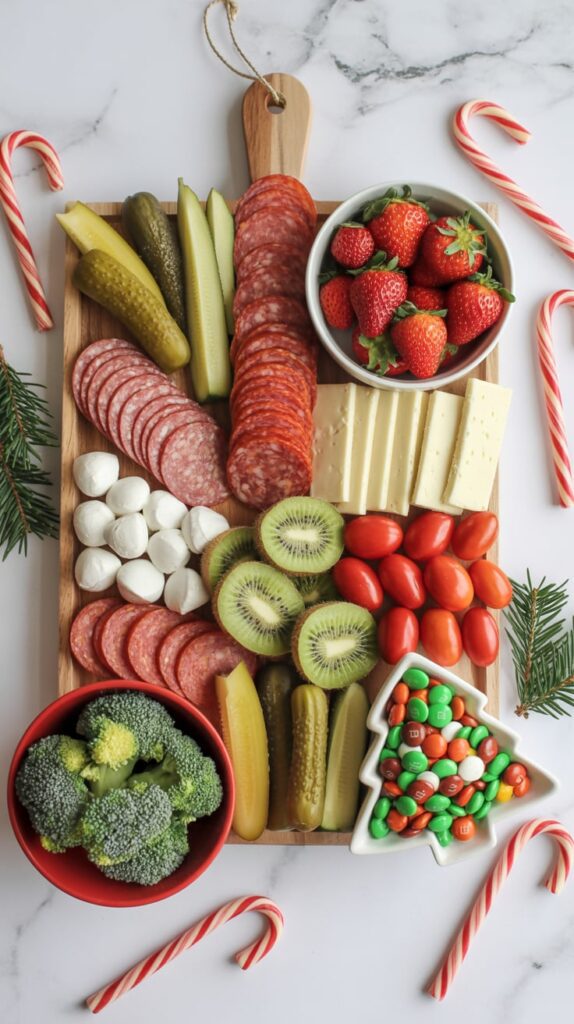 A holiday charcuterie board with sliced salami, cheese, strawberries, kiwi, cherry tomatoes, pickles, mozzarella balls, and broccoli, served with a Christmas tree–shaped dish of red and green candies. Decorated with candy canes and pine branches for a cheerful Christmas theme.