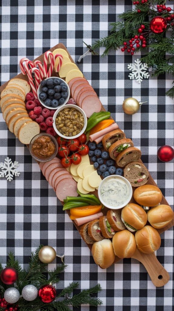 A colorful holiday brunch charcuterie board on a black and white checkered tablecloth, featuring sliced meats, cheeses, breads, berries, dips, and mini rolls. Decorated with candy canes, Christmas ornaments, and greenery for a cheerful holiday breakfast display.