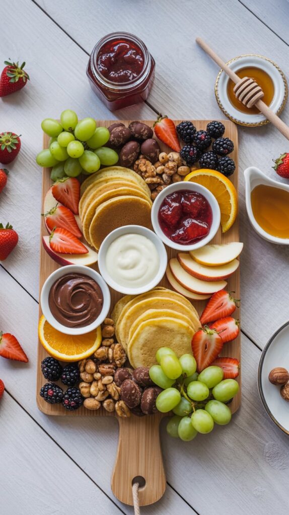 A colorful pancake charcuterie board featuring mini pancakes, strawberries, grapes, blackberries, orange slices, nuts, and small bowls of Nutella, yogurt, and jam. Styled on a wooden board for a cozy and festive breakfast presentation.