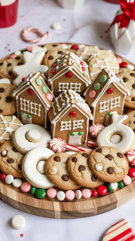 A festive Christmas cookie charcuterie board with small gingerbread houses decorated with icing and colorful candies, surrounded by assorted cookies, peppermint candies, and candy canes. Styled on a wooden board for a cozy holiday dessert display.