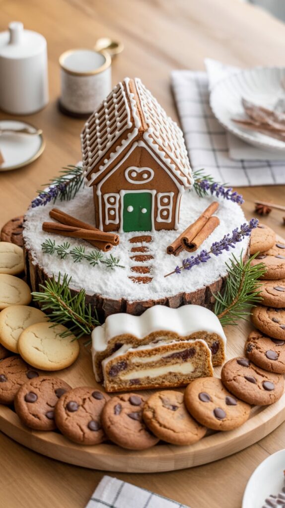 A festive holiday dessert charcuterie board featuring a decorated gingerbread house on a snowy base of powdered sugar, surrounded by chocolate chip cookies, shortbread, cinnamon sticks, and sprigs of pine and lavender. A cozy and creative Christmas display perfect for entertaining.