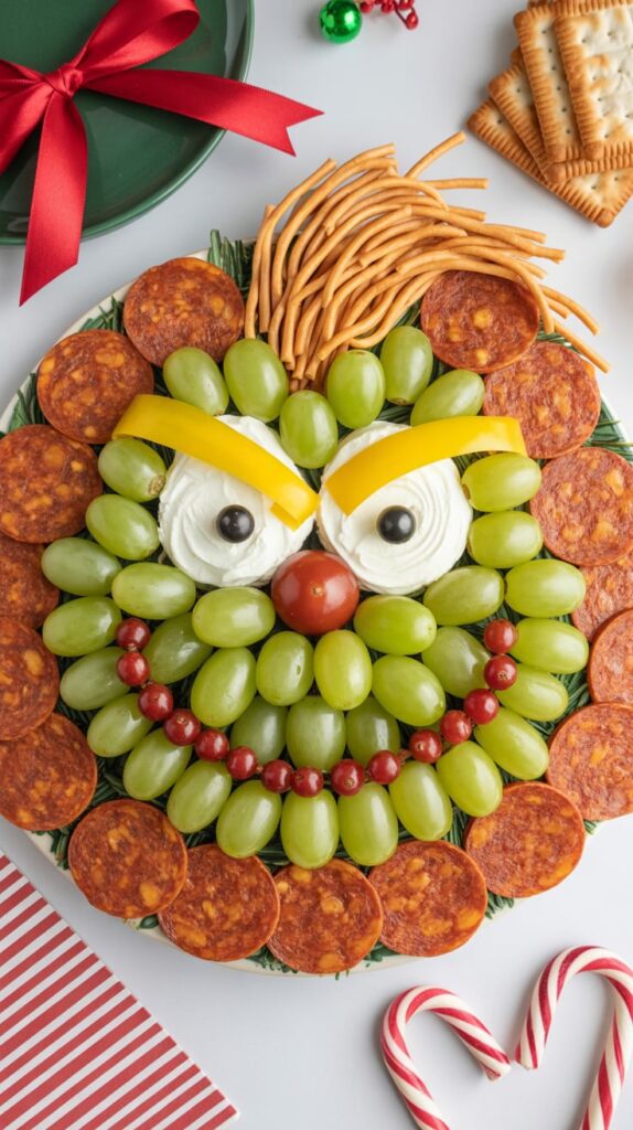A festive Grinch-inspired charcuterie board featuring green grapes, salami slices, pretzel sticks, cheese, and cream cheese “eyes” with black olive pupils, arranged to resemble the Grinch’s face. Surrounded by candy canes and holiday décor for a playful Christmas presentation.