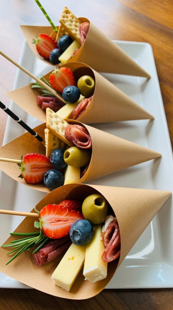 Individual charcuterie cones filled with sliced cheese, olives, strawberries, blueberries, prosciutto, crackers, and rosemary sprigs. Arranged on a white platter for a stylish and convenient holiday appetizer presentation.