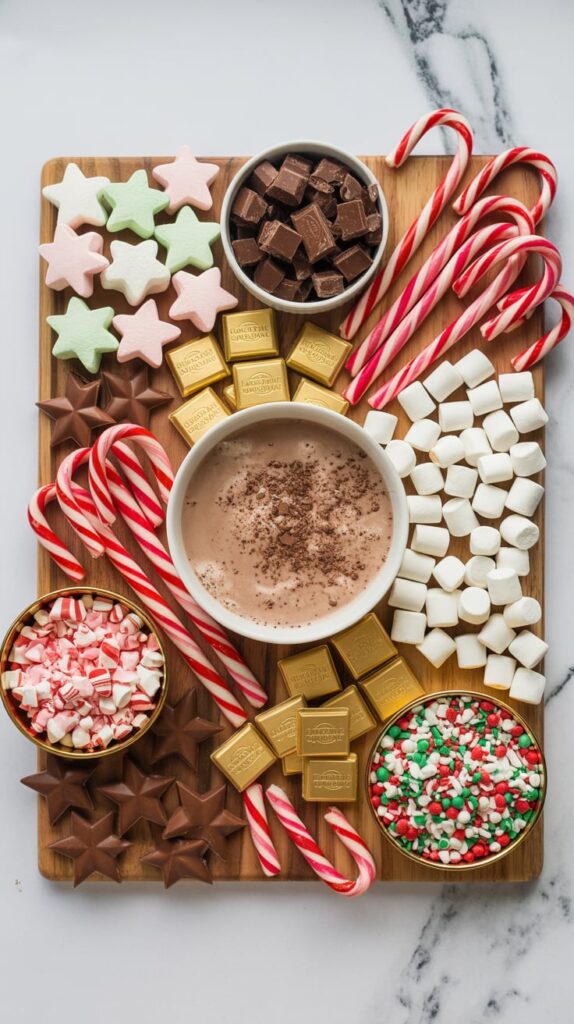 A festive hot cocoa charcuterie board featuring a bowl of hot chocolate surrounded by candy canes, mini marshmallows, chocolate squares, peppermint pieces, gold-wrapped candies, and star-shaped marshmallows. Perfect for a cozy Christmas drink station or winter holiday party setup.