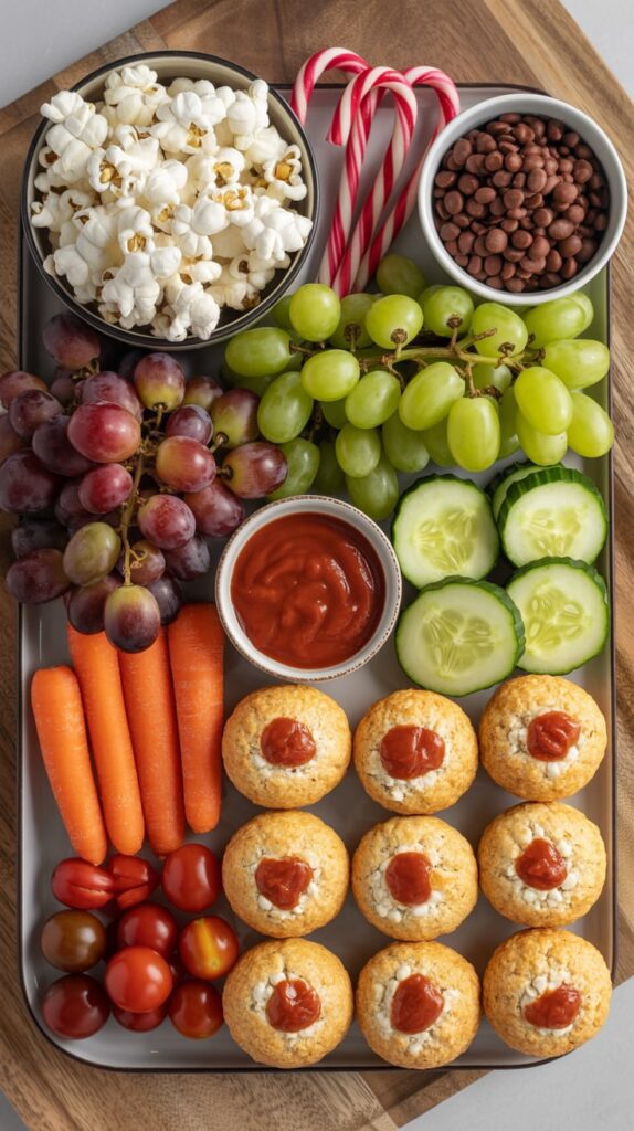 A festive snack charcuterie board with popcorn, candy canes, grapes, cucumber slices, cherry tomatoes, carrots, mini muffins topped with sauce, and chocolate chips. Arranged neatly on a tray for a cheerful holiday movie night spread.