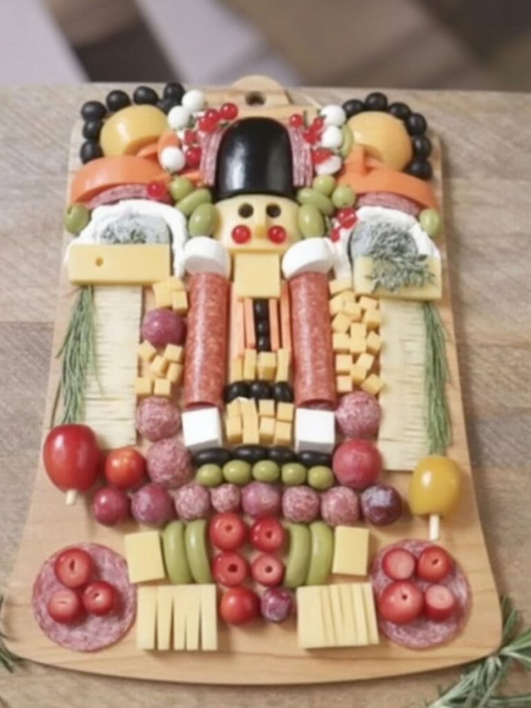 Nutcracker-shaped charcuterie board made with assorted meats, cheese cubes, olives, tomatoes, and herbs arranged to resemble a festive nutcracker soldier on a wooden serving board.