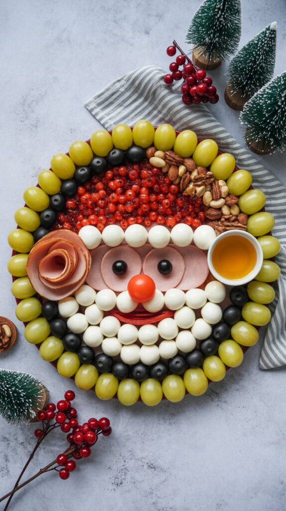 A holiday charcuterie board arranged in the shape of Santa’s face, featuring grapes, mozzarella balls, ham, olives, red berries, and assorted nuts. Styled with festive decorations and miniature Christmas trees for a cheerful holiday presentation.
