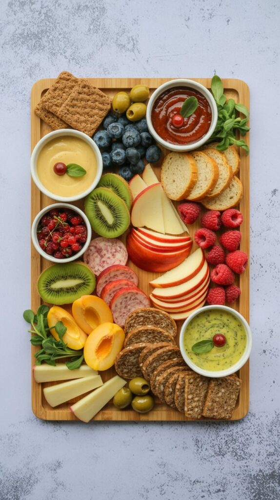 A colorful charcuterie board featuring sliced apples, kiwi, apricots, raspberries, blueberries, salami, assorted cheeses, crackers, and dipping sauces. Styled on a wooden board with a light gray background for a fresh and elegant winter presentation.