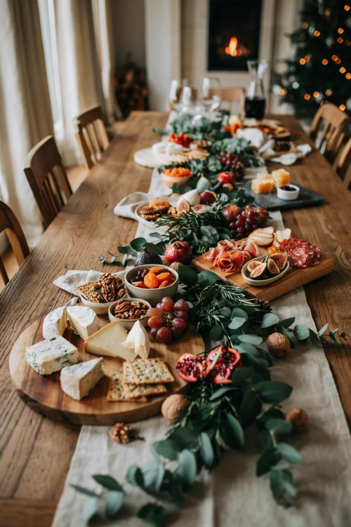 A long holiday table covered in charcuterie elements with multiple boards, cascading grapes, tiered cheese, and greenery running down the center