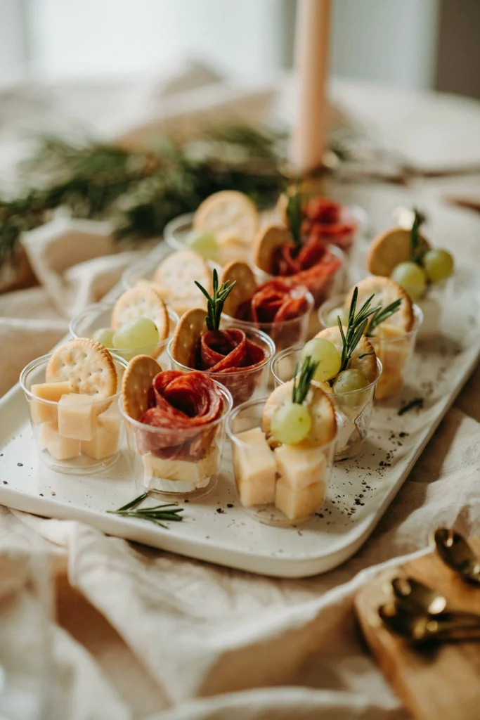 A row of small mason jars individually portioned with meat, cubed cheese, crackers, and a sprig of rosemary