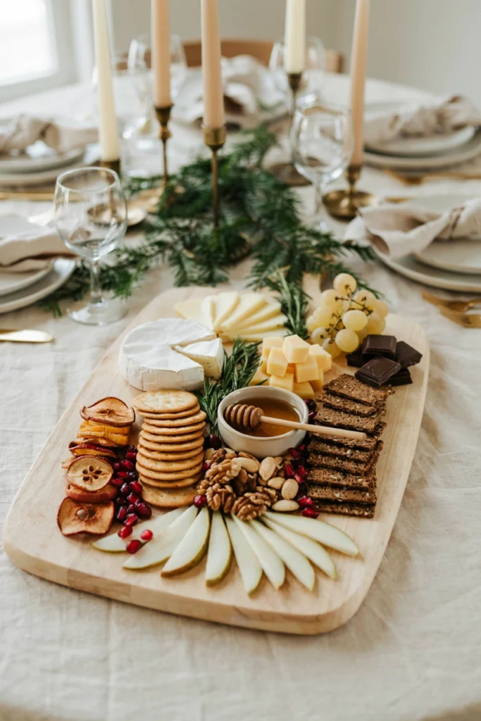 A sparse minimal board with a single cheese wedge, a small pile of nuts, dark chocolate squares, and one sprig of pine surrounded by white space