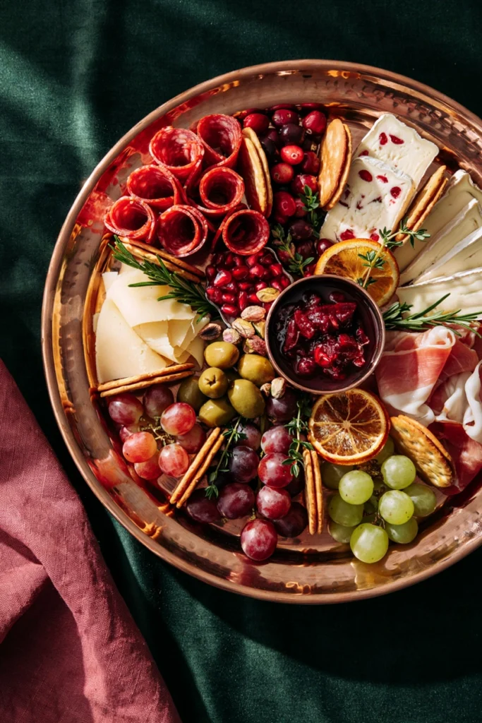 A charcuterie board on a copper serving tray styled with fresh cranberries scattered loosely among amber-colored cheeses