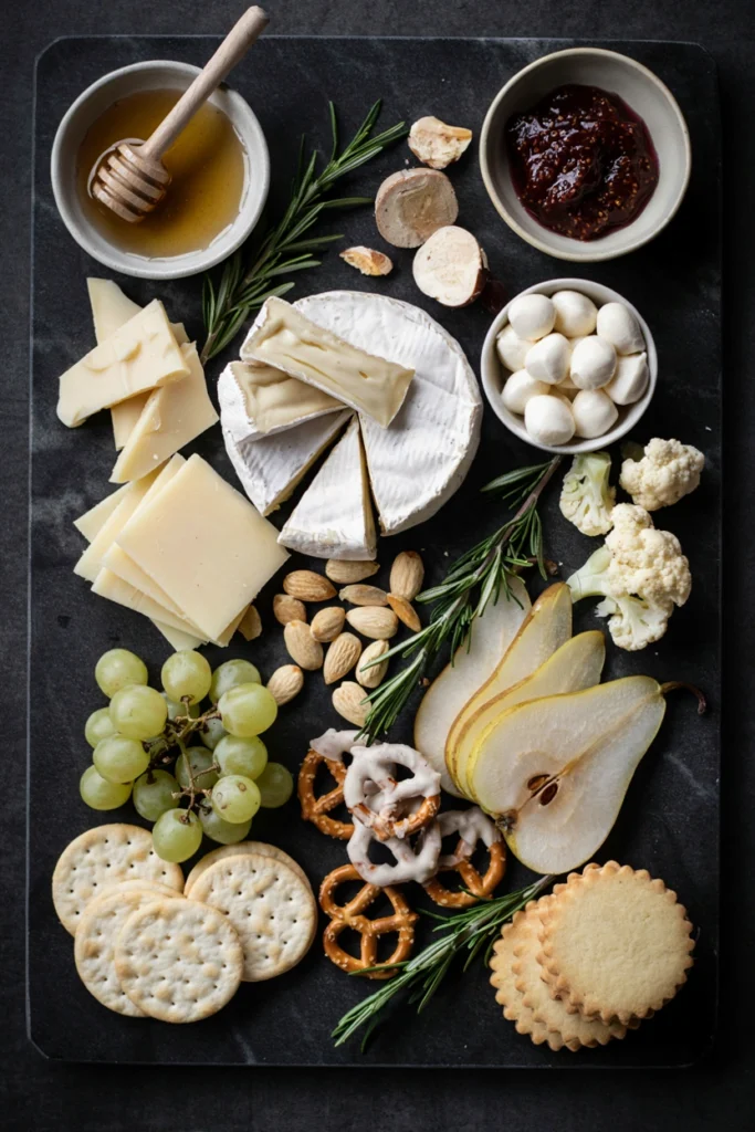 A pale monochromatic charcuterie board with white cheeses, cauliflower florets, white chocolate, pears, and blanched almonds