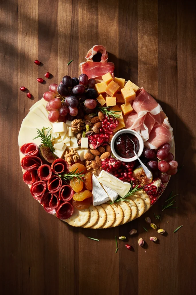 A dessert-only charcuterie board with chocolate-covered pretzels, gingerbread cookies, mini brownie bites, chocolate oranges, and hot cocoa bombs