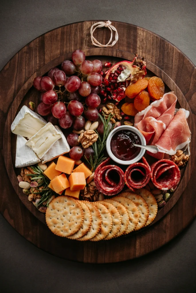 A round board styled like a hanging ornament with a curled prosciutto hook at the top and jewel-toned fruits and cheeses filling the body