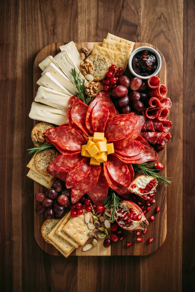A charcuterie board arranged to mimic a blooming poinsettia with pepperoni petals fanned around a yellow cheese-cube center