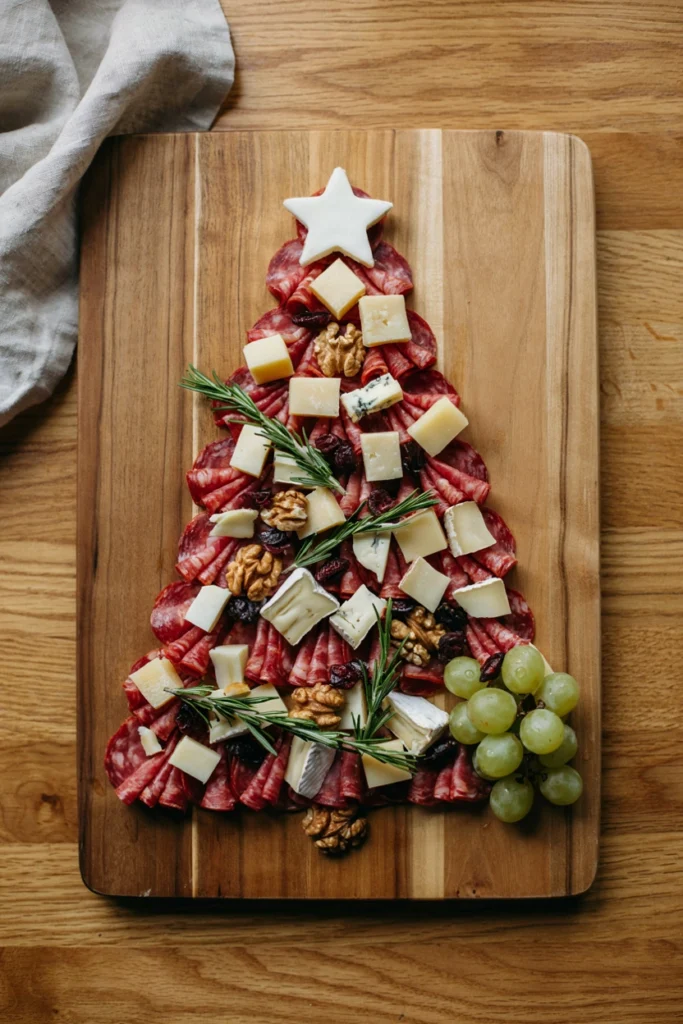 A wooden board shaped like a Christmas tree using salami roses, cubed cheese, green grapes, and rosemary branches with a star on top