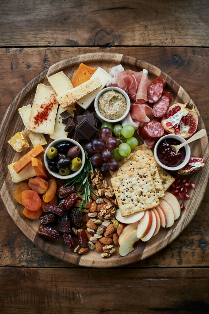 A dairy-free charcuterie board with cured meats, dairy-free cheese alternatives, olives, nuts, dried fruit, and dark chocolate