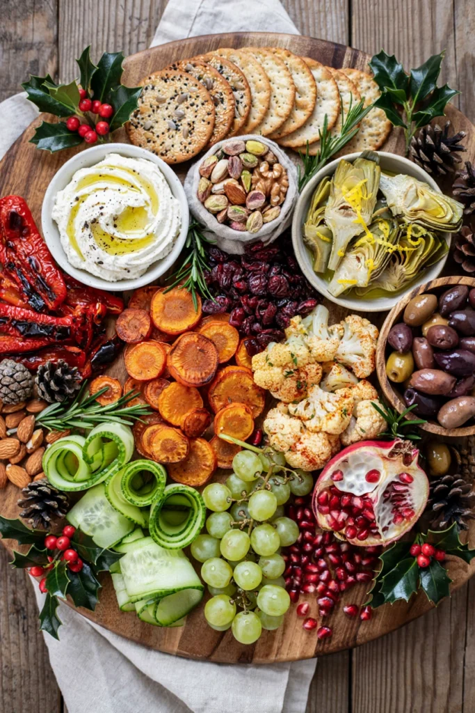 A meat-free holiday board built from roasted vegetables, marinated artichokes, whipped feta, olives, nuts, and dried fruit in a festive red and green palette