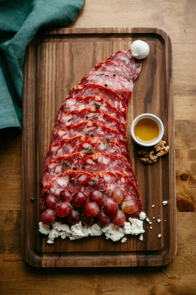 A triangular charcuterie board arranged as a Santa hat with soppressata forming the red body and a white feta trim along the bottom