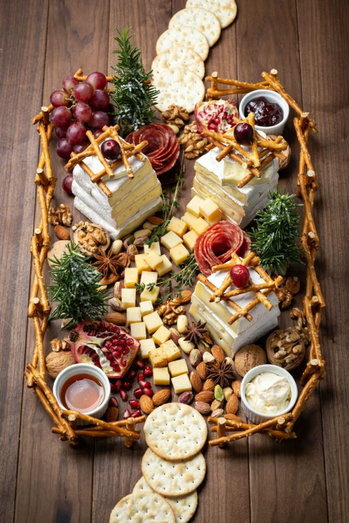 A whimsical charcuterie board styled like a tiny village with cheese cut into house shapes, pretzel-stick fences, and rosemary trees