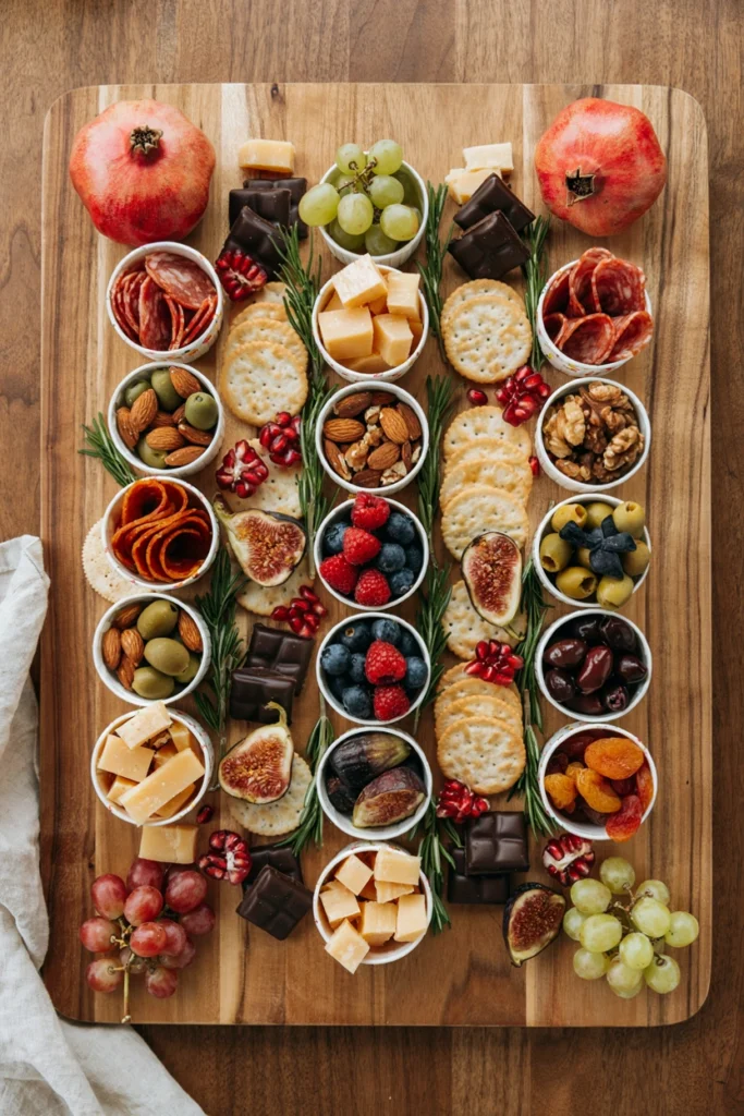 A grazing board divided into 24 small numbered sections, each holding a tiny bite of cheese, meat, chocolate, or dried fruit like a flat advent calendar
