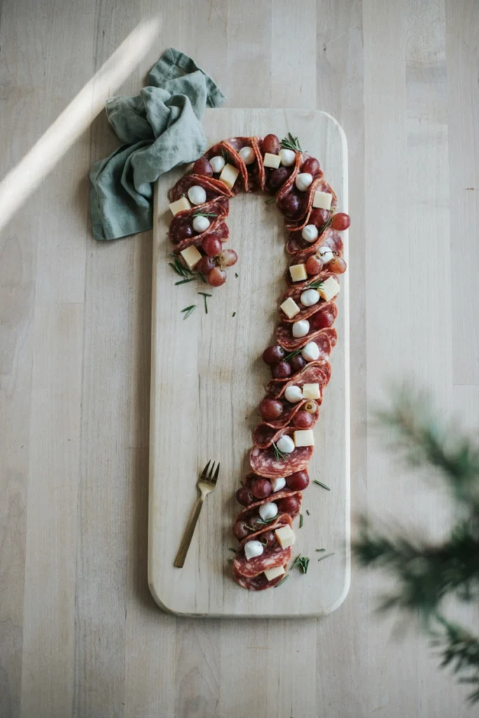 A long curved charcuterie board arranged in a candy cane shape with alternating red soppressata and white mozzarella stripes