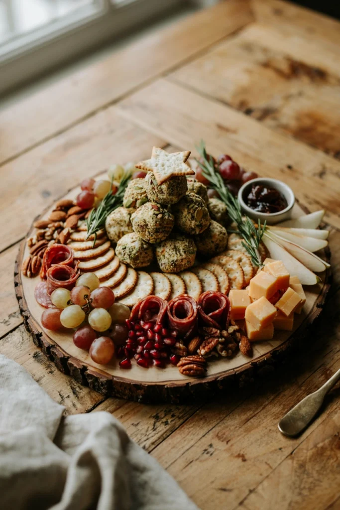 Small cheese balls stacked into a pyramid tree shape, rolled in chopped pistachios and herbs, topped with a star cracker