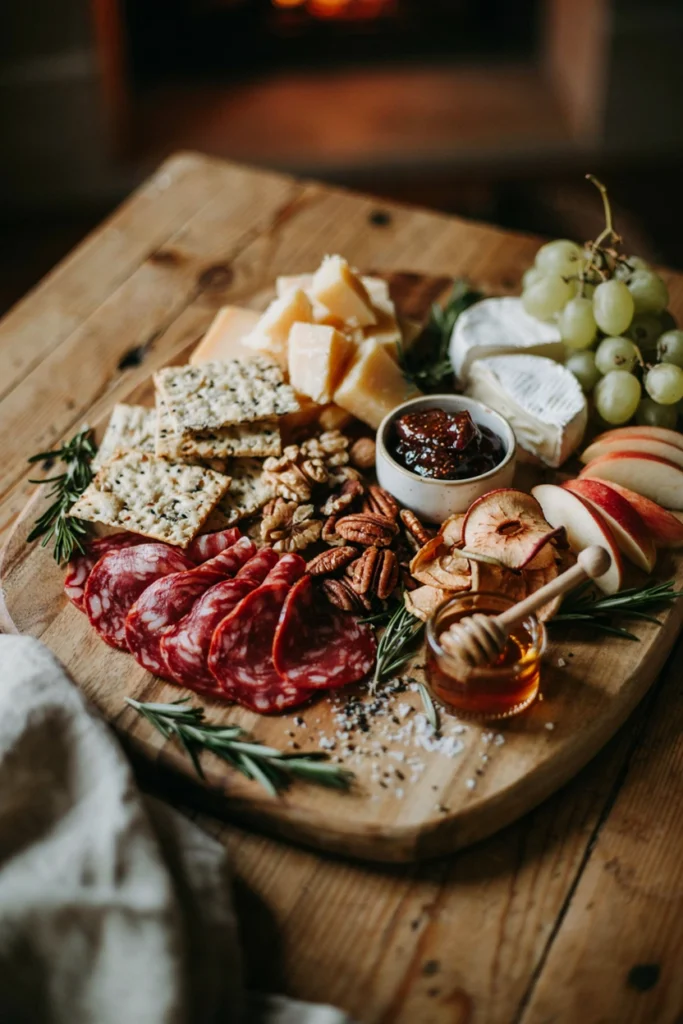 A charcuterie board on raw unfinished wood styled with aged cheddar, honey drizzle, dried apple rings, and walnuts