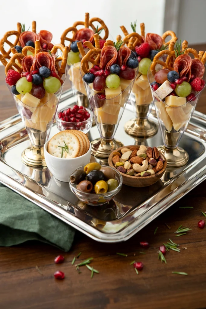 An individual charcuterie cone layered with cheese cubes, meat, and grapes standing upright in a small stand