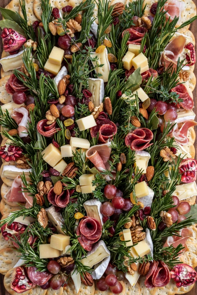 Fresh rosemary sprigs standing upright like a mini pine forest among cheese wedges and salami on a charcuterie board