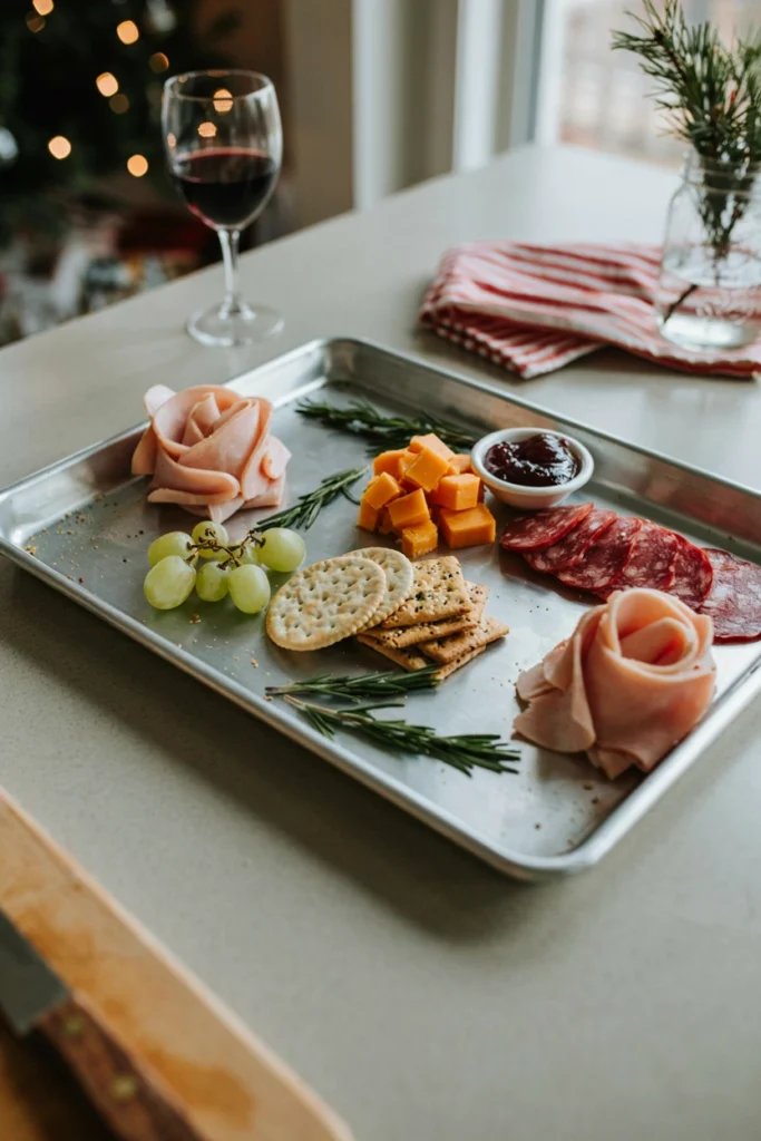 A simple sheet-pan charcuterie board using deli meat, cubed cheddar, crackers, grapes, and sprigs of rosemary