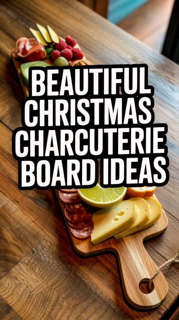 A festive wooden charcuterie board arranged with cheese, sliced meats, lime, and fresh berries on a warm wooden table with bold text overlay reading “Beautiful Christmas Charcuterie Board Ideas.”