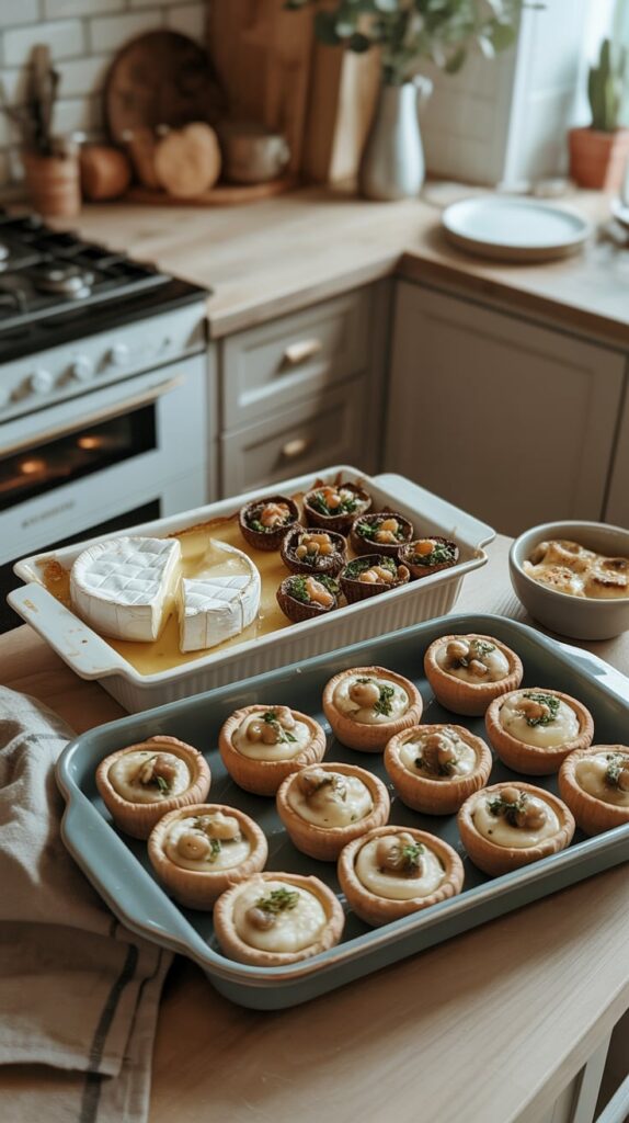 Assortment of warm make-ahead winter appetizers — baked brie, stuffed mushrooms, and mini shepherd’s pies arranged on a wooden board.